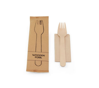 Gabel Holz mit Serviettenpapier, einzeln in Papiertüte verpackt