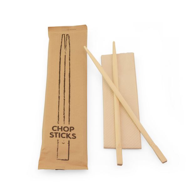 Set bamboe eetstokjes 210mm met servet papier, in zakje papier
